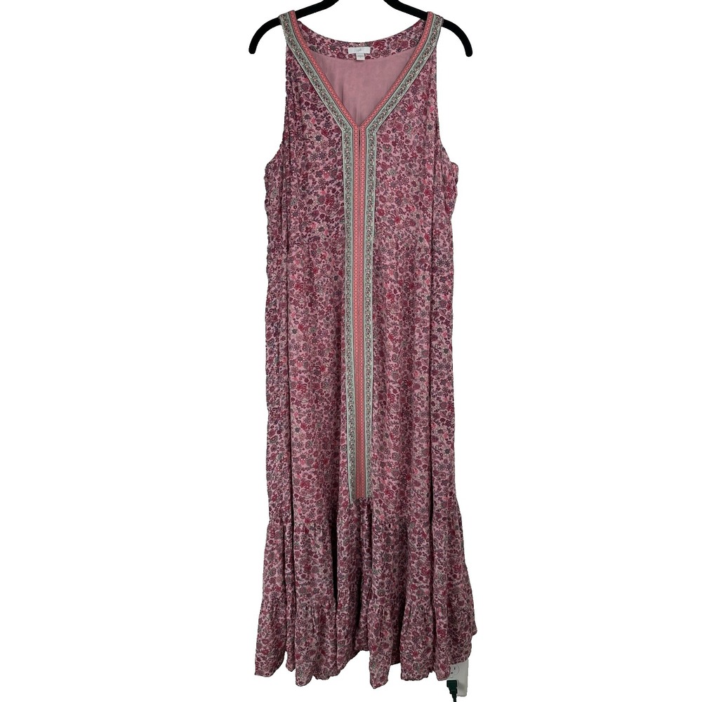 J.‎ Jill Maxi Dress Size Large Pink Floral Tiered Boho Lightweight Breezy Beachy